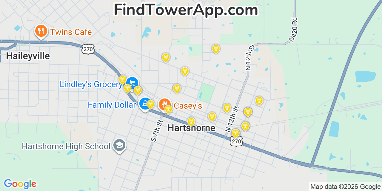 Map showing the 20 primary cell tower locations detected in Hartshorne, Oklahoma from AT&T, Verizon, and T-Mobile networks