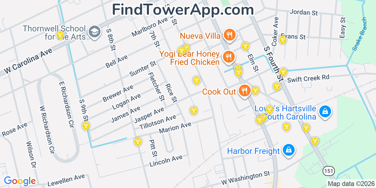 Map showing the 20 primary cell tower locations detected in Hartsville, South Carolina from AT&T, Verizon, and T-Mobile networks