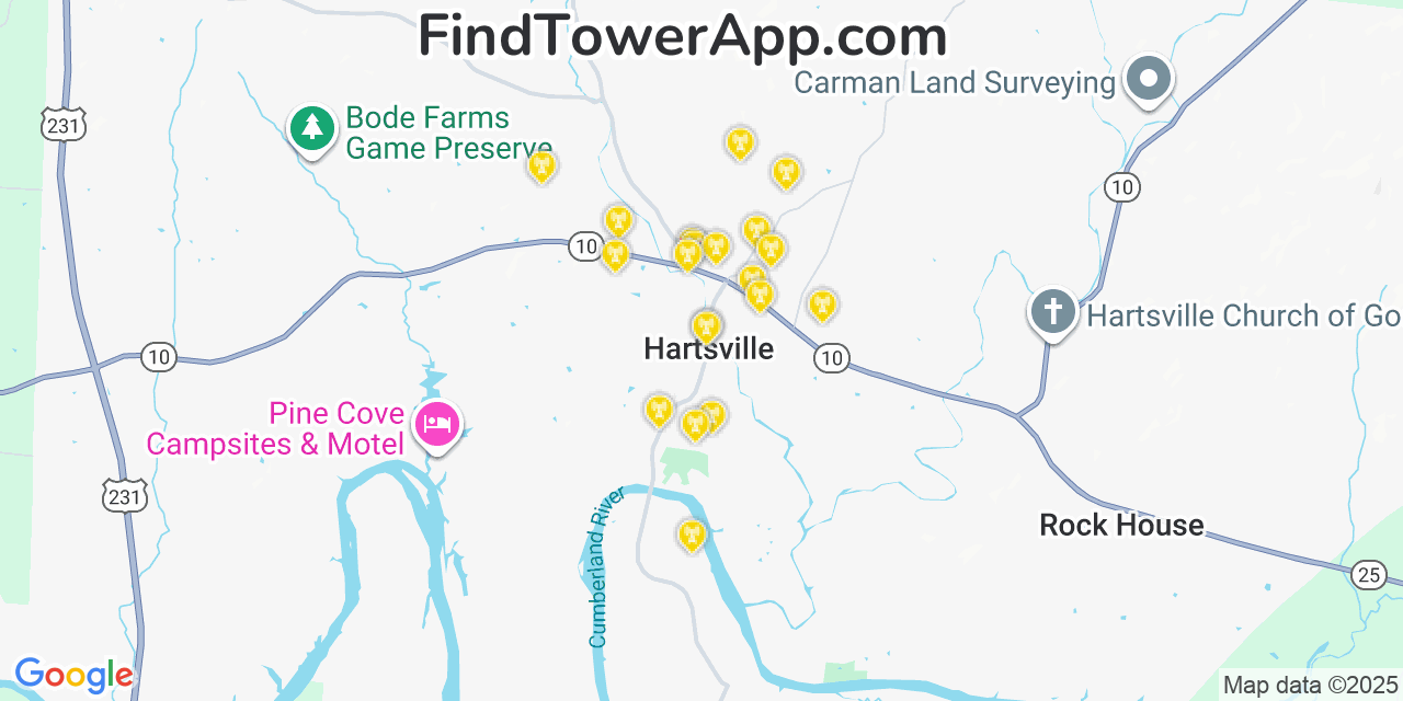 Map showing the 20 primary cell tower locations detected in Hartsville, Tennessee from AT&T, Verizon, and T-Mobile networks
