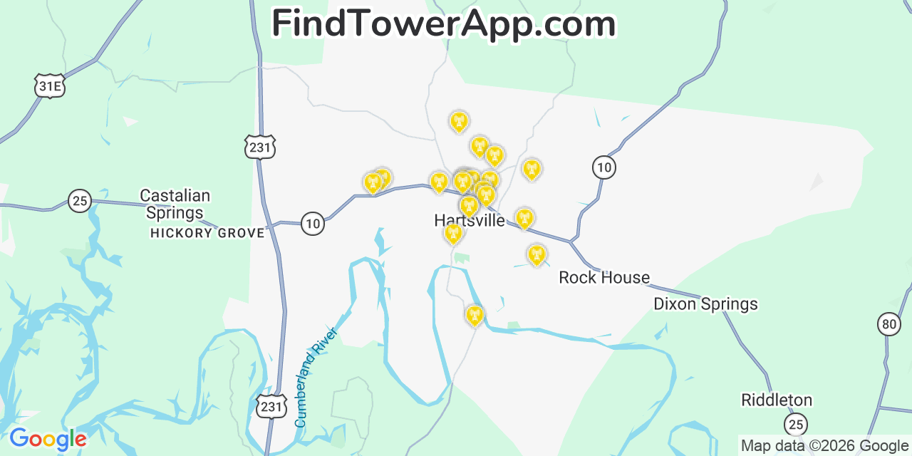 Map showing the 20 primary cell tower locations detected in Hartsville, Tennessee from AT&T, Verizon, and T-Mobile networks