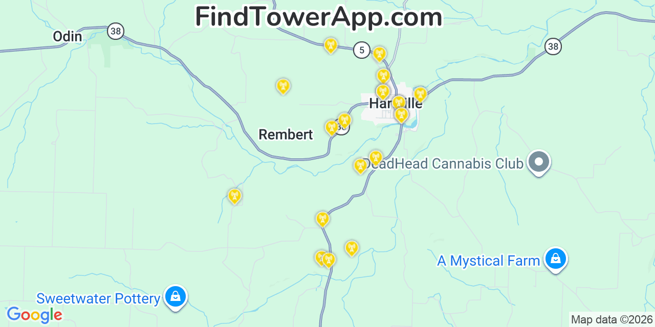 Map showing the 20 primary cell tower locations detected in Hartville, Missouri from AT&T, Verizon, and T-Mobile networks