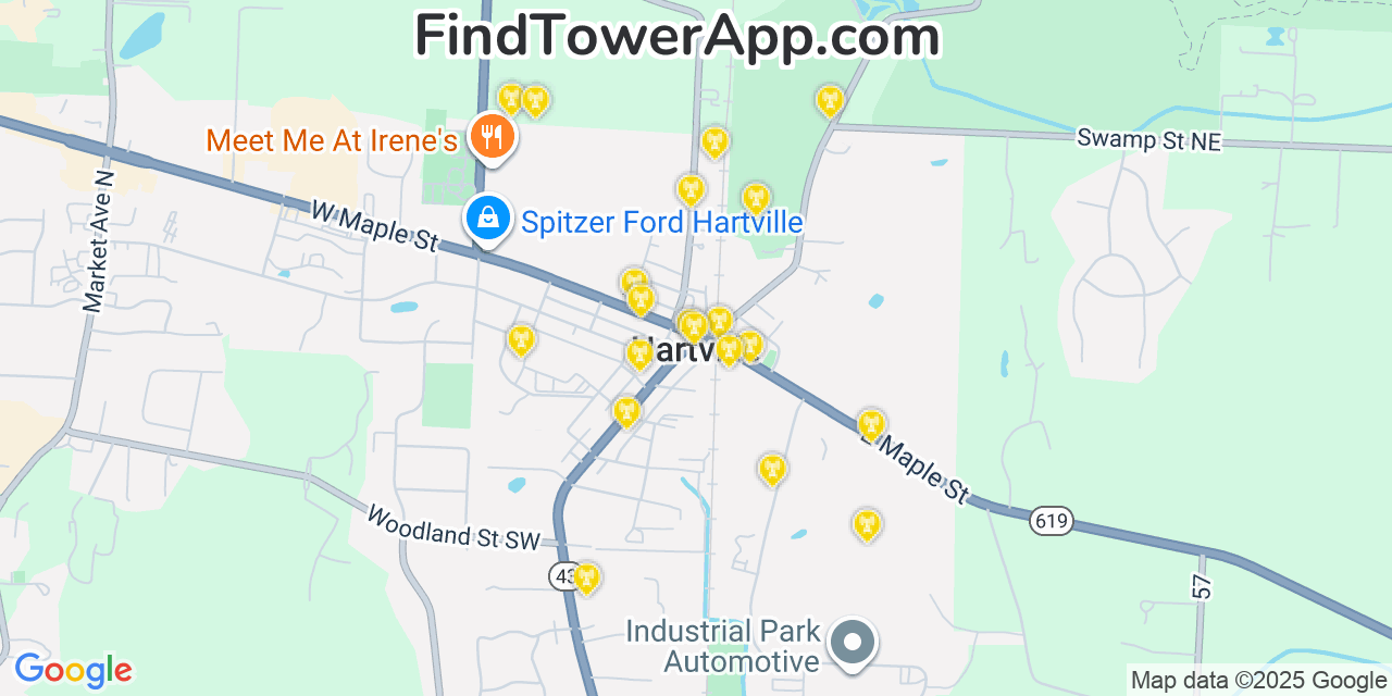Map showing the 20 primary cell tower locations detected in Hartville, Ohio from AT&T, Verizon, and T-Mobile networks