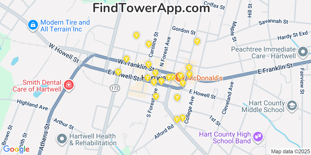 Map showing the 20 primary cell tower locations detected in Hartwell, Georgia from AT&T, Verizon, and T-Mobile networks
