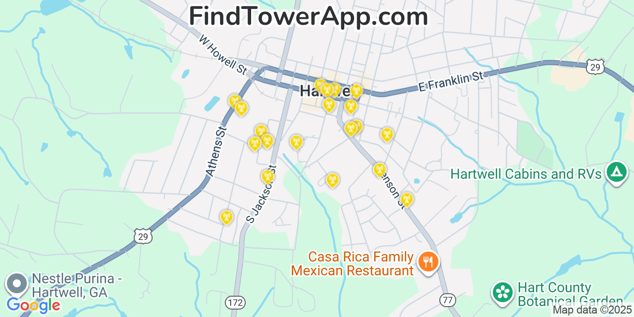 Map showing the 20 primary Mobitel cell tower locations detected in Hartwell, Georgia with coverage radius and signal strength indicators
