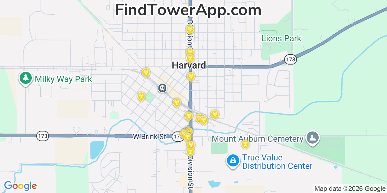Map showing the 20 primary cell tower locations detected in Harvard, Illinois from AT&T, Verizon, and T-Mobile networks