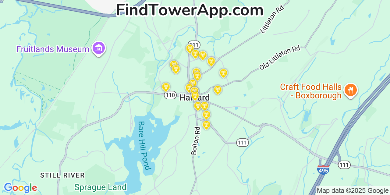 Map showing the 20 primary cell tower locations detected in Harvard, Massachusetts from AT&T, Verizon, and T-Mobile networks