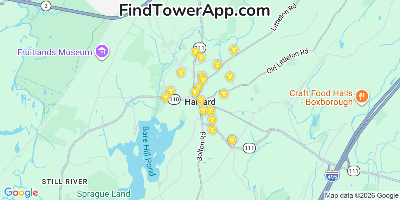 Map showing the 20 primary cell tower locations detected in Harvard, Massachusetts from AT&T, Verizon, and T-Mobile networks