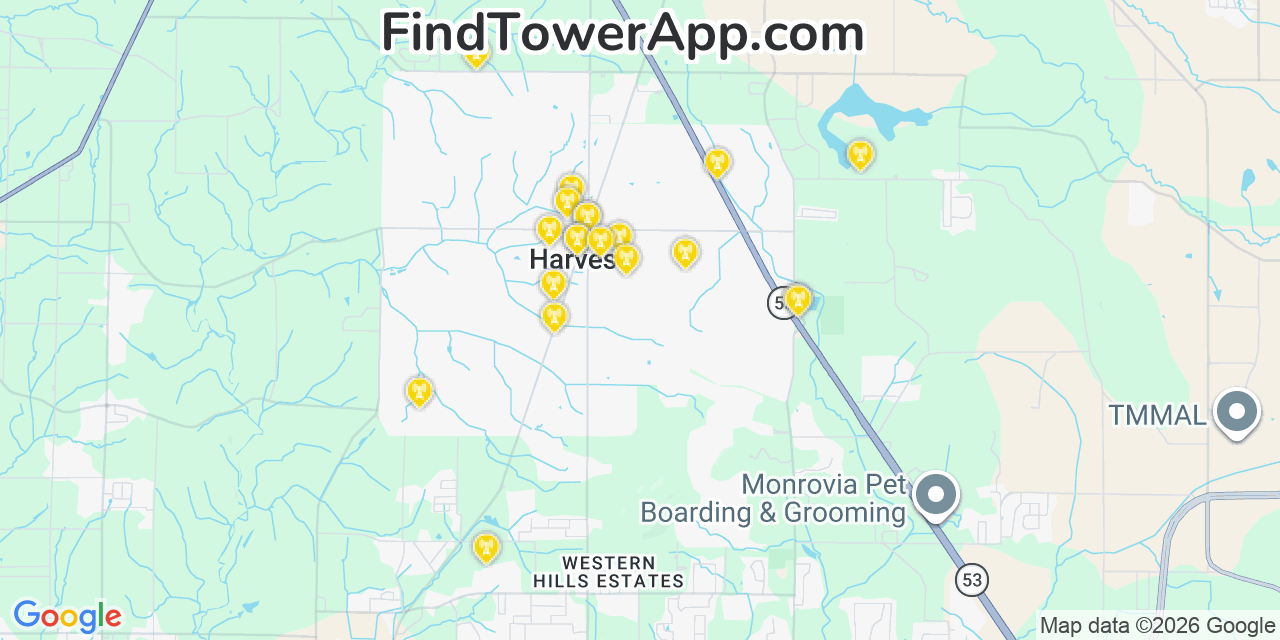 Map showing the 20 primary cell tower locations detected in Harvest, Alabama from AT&T, Verizon, and T-Mobile networks