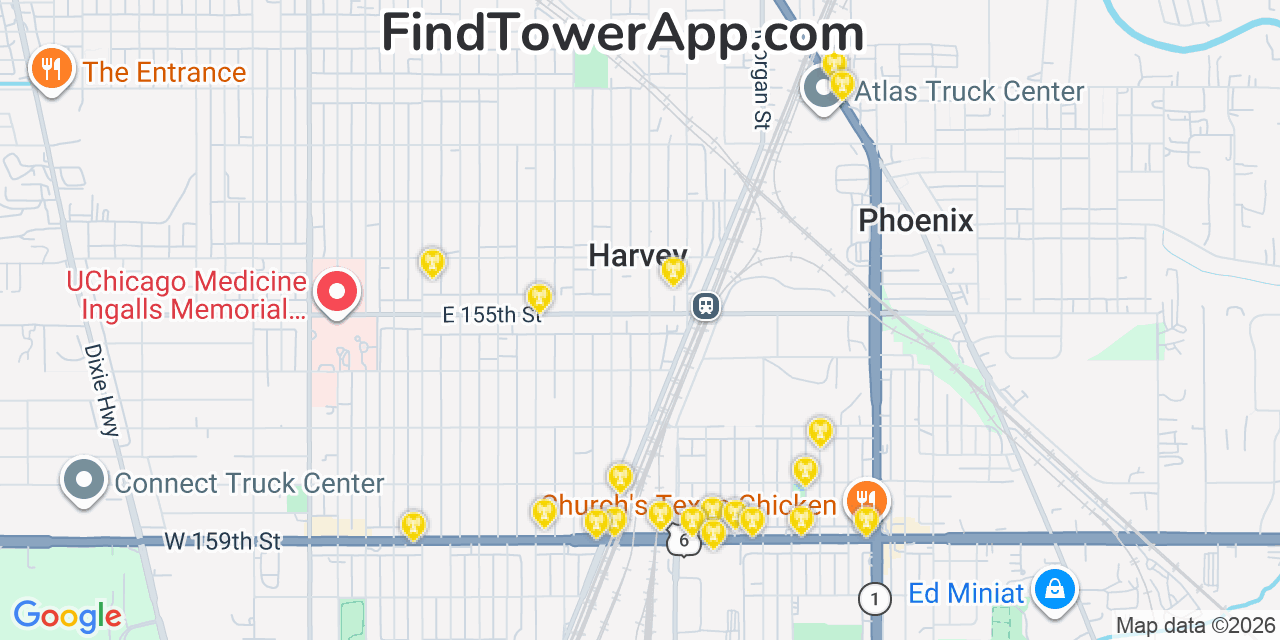 Map showing the 20 primary cell tower locations detected in Harvey, Illinois from AT&T, Verizon, and T-Mobile networks