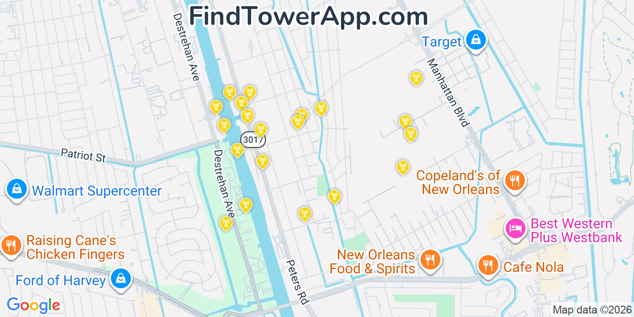 Map showing the 20 primary cell tower locations detected in Harvey, Louisiana from AT&T, Verizon, and T-Mobile networks