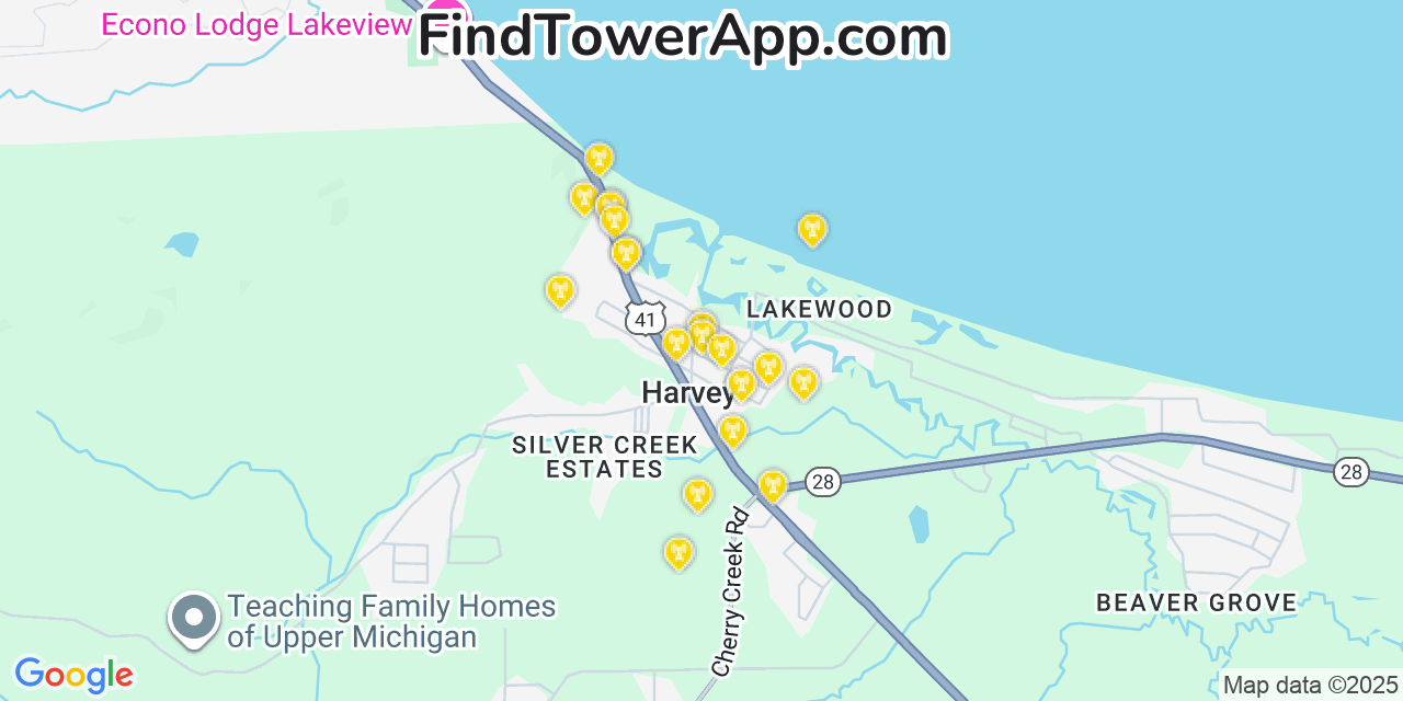 Map showing the 20 primary cell tower locations detected in Harvey, Michigan from AT&T, Verizon, and T-Mobile networks