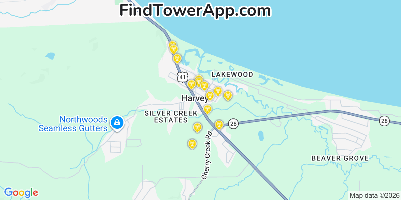 Map showing the 20 primary cell tower locations detected in Harvey, Michigan from AT&T, Verizon, and T-Mobile networks