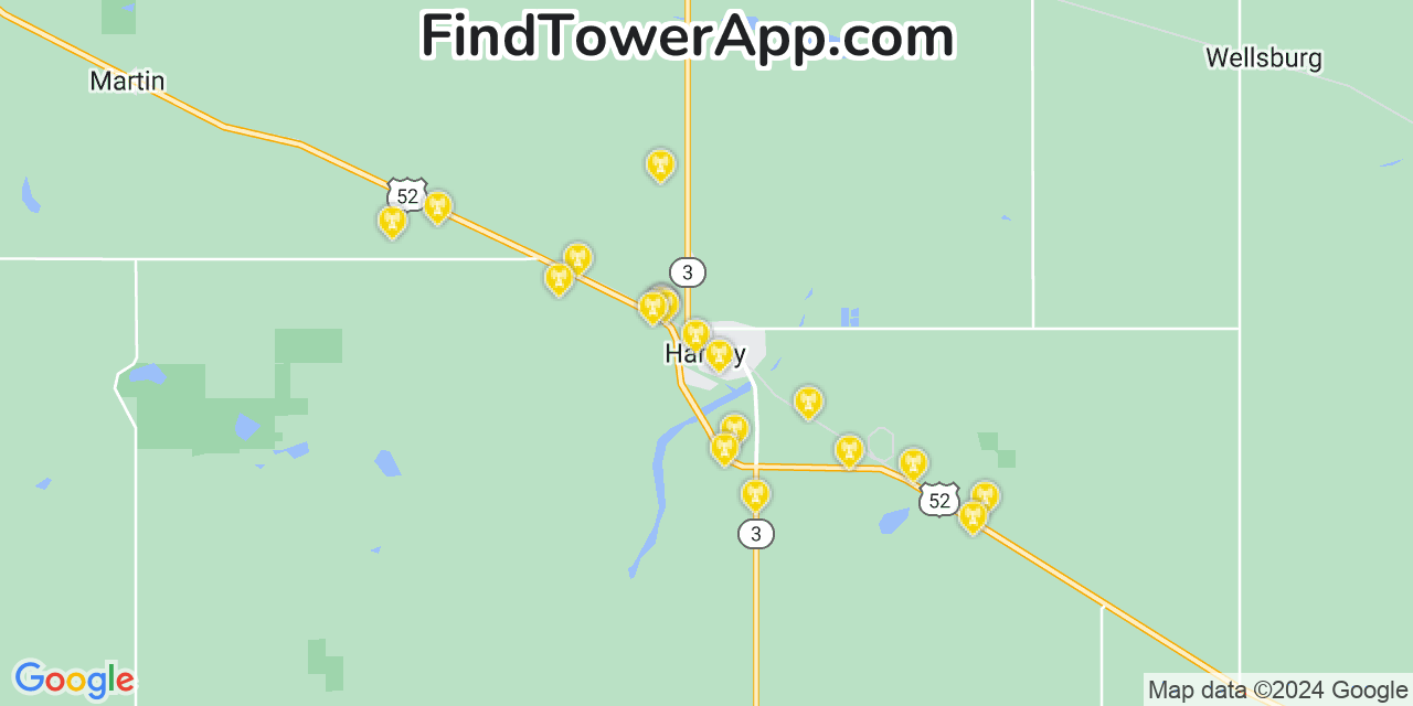 AT&T 4G/5G cell tower coverage map Harvey, North Dakota