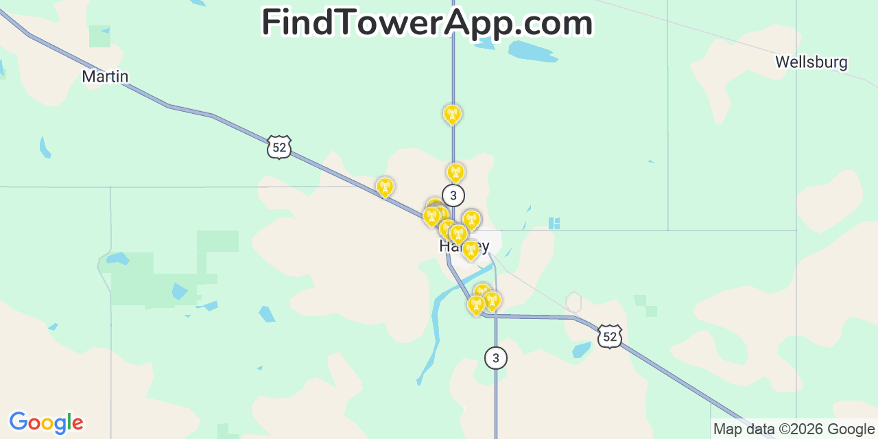 Map showing the 20 primary cell tower locations detected in Harvey, North Dakota from AT&T, Verizon, and T-Mobile networks