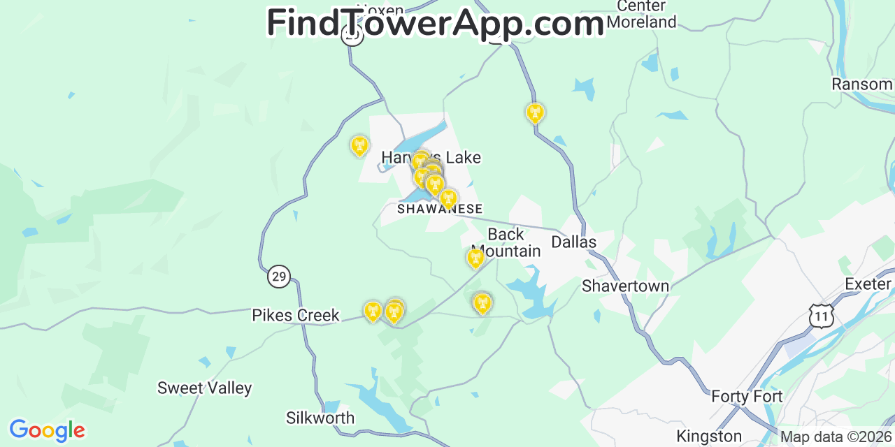 Map showing the 20 primary cell tower locations detected in Harveys Lake, Pennsylvania from AT&T, Verizon, and T-Mobile networks