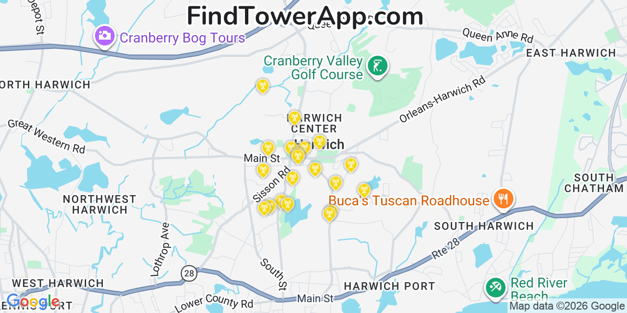 Map showing the 20 primary cell tower locations detected in Harwich Center, Massachusetts from AT&T, Verizon, and T-Mobile networks
