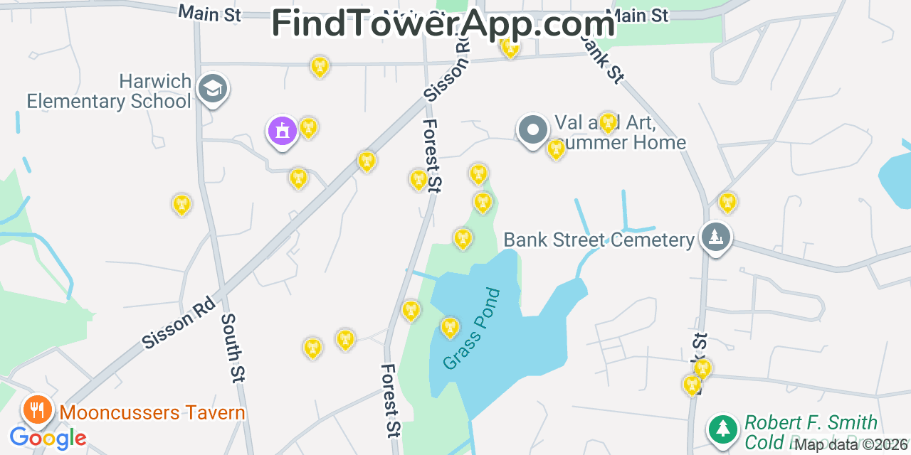 Map showing the 20 primary cell tower locations detected in Harwich, Massachusetts from AT&T, Verizon, and T-Mobile networks