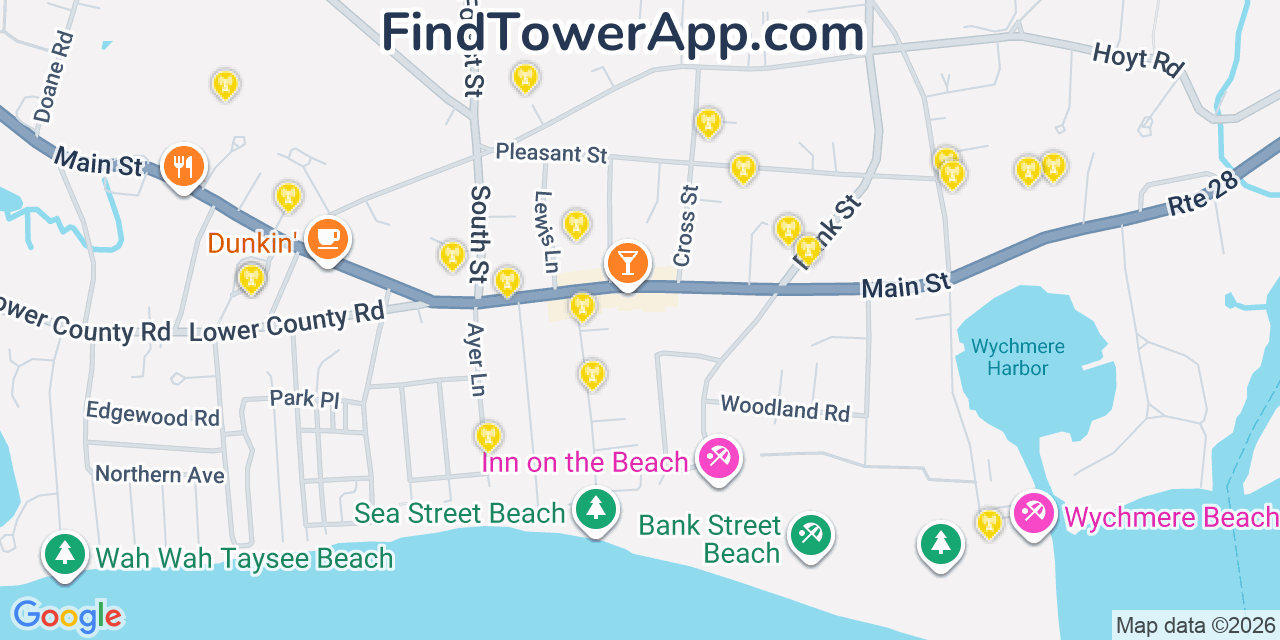 Map showing the 20 primary cell tower locations detected in Harwich Port, Massachusetts from AT&T, Verizon, and T-Mobile networks