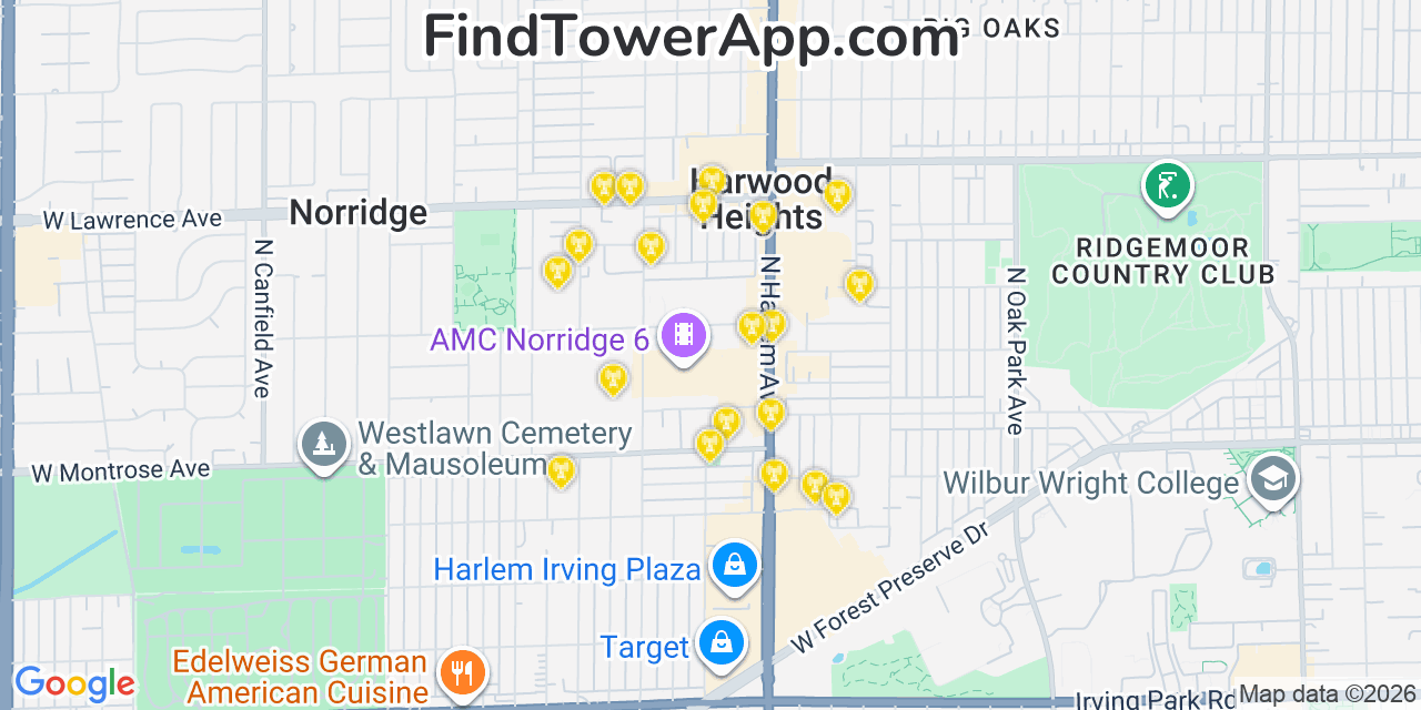 Map showing the 20 primary cell tower locations detected in Harwood Heights, Illinois from AT&T, Verizon, and T-Mobile networks