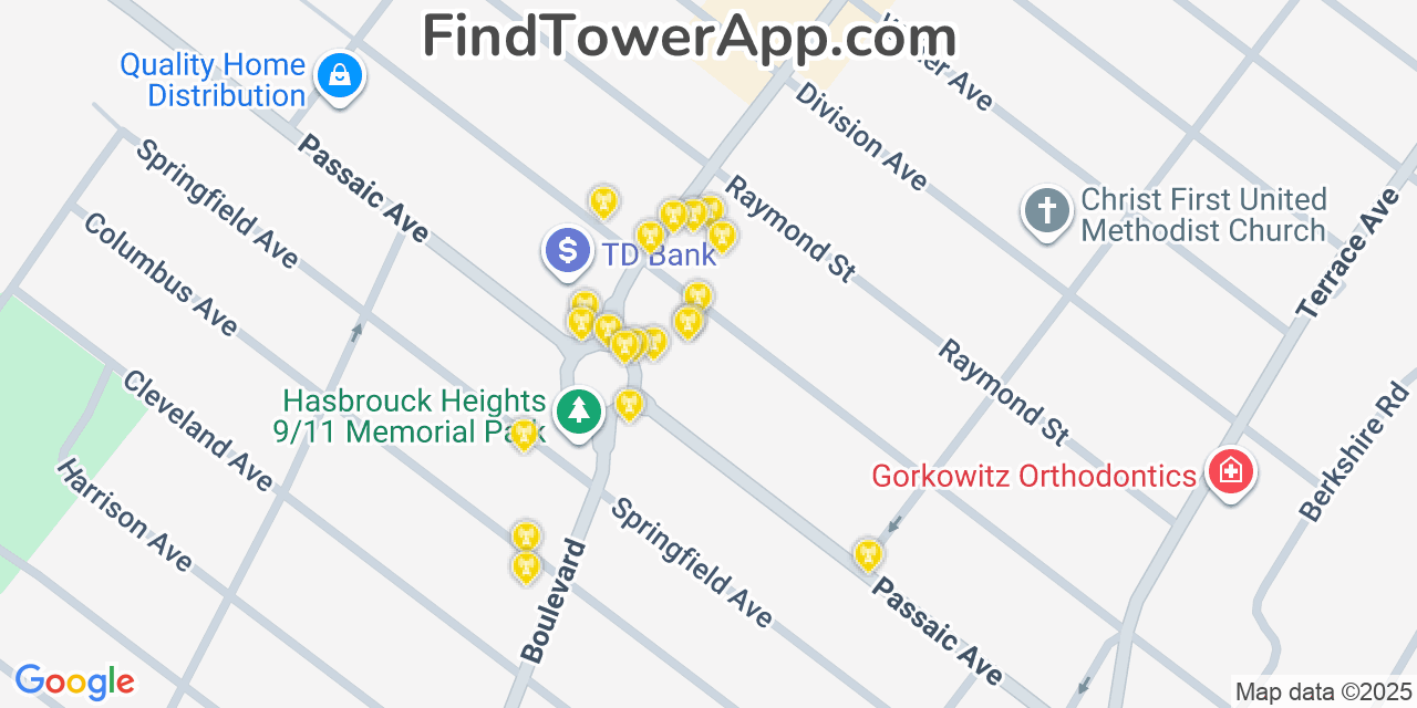 Map showing the 20 primary cell tower locations detected in Hasbrouck Heights, New Jersey from AT&T, Verizon, and T-Mobile networks