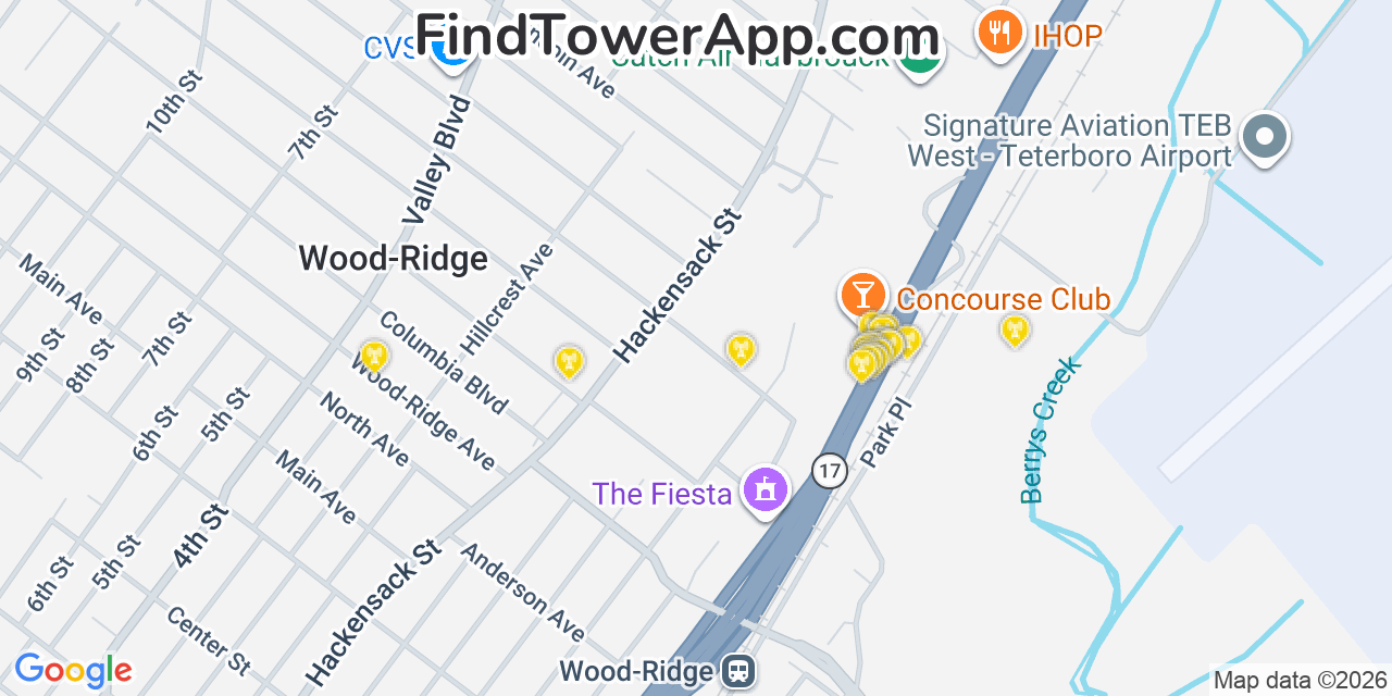 Map showing the 20 primary cell tower locations detected in Hasbrouck Heights, New Jersey from AT&T, Verizon, and T-Mobile networks