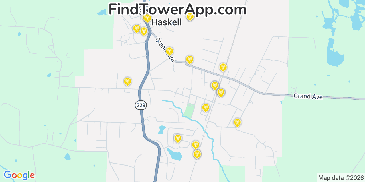 Map showing the 20 primary cell tower locations detected in Haskell, Arkansas from AT&T, Verizon, and T-Mobile networks