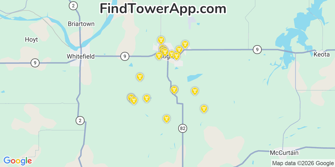 Map showing the 20 primary cell tower locations detected in Haskell, Oklahoma from AT&T, Verizon, and T-Mobile networks