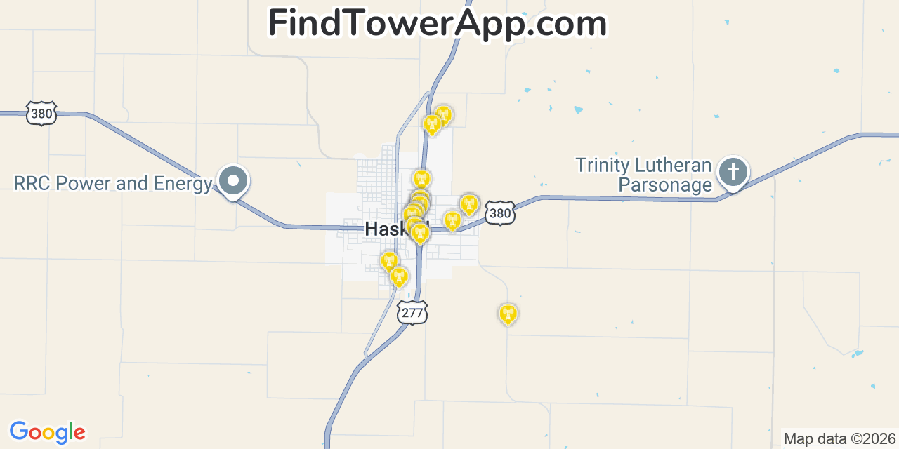 Map showing the 20 primary cell tower locations detected in Haskell, Texas from AT&T, Verizon, and T-Mobile networks