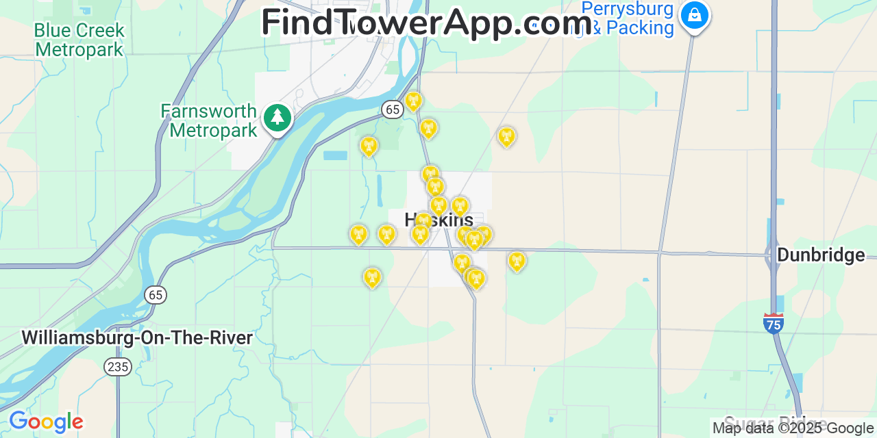 Map showing the 20 primary cell tower locations detected in Haskins, Ohio from AT&T, Verizon, and T-Mobile networks