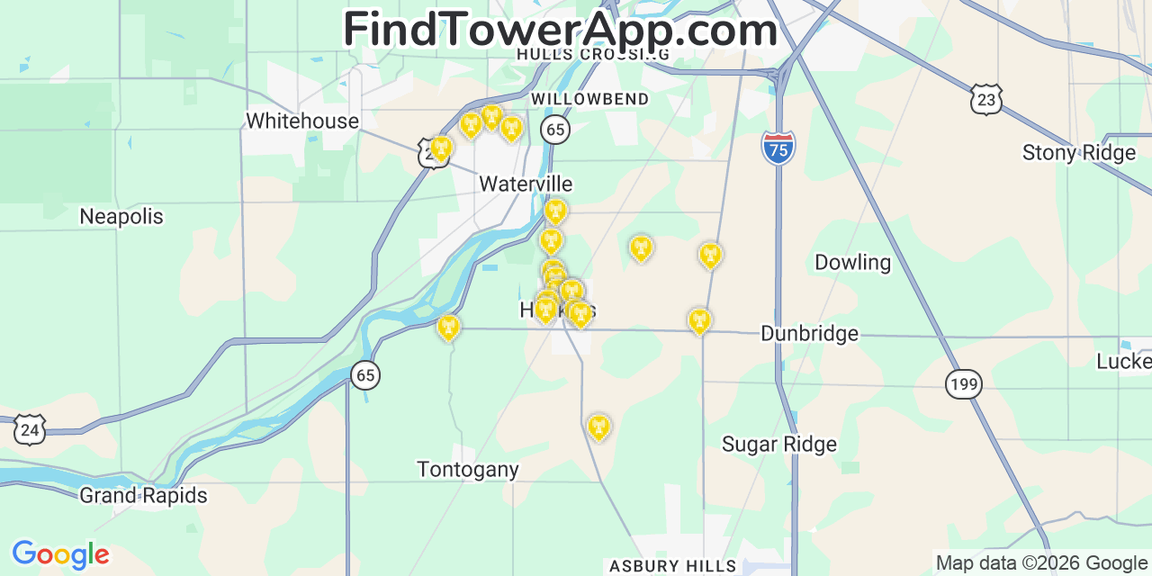 Map showing the 20 primary cell tower locations detected in Haskins, Ohio from AT&T, Verizon, and T-Mobile networks