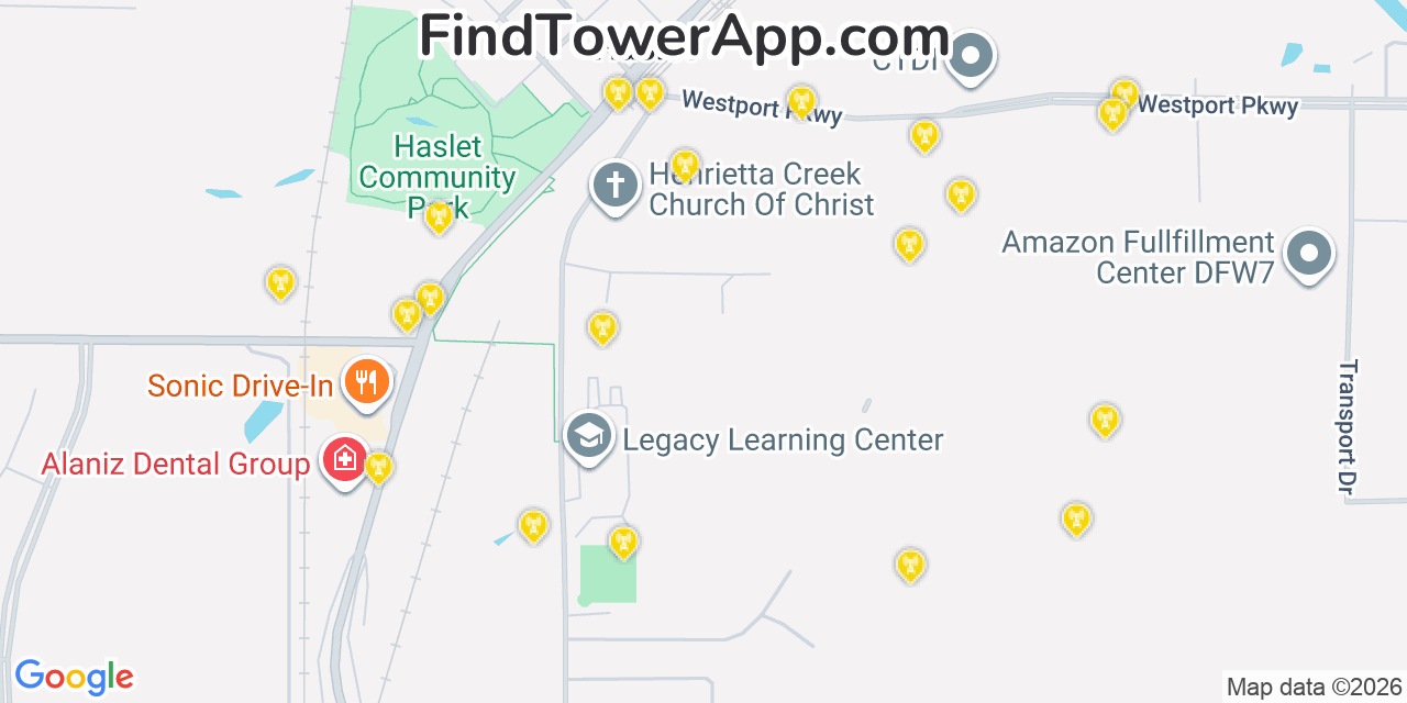 Map showing the 20 primary cell tower locations detected in Haslet, Texas from AT&T, Verizon, and T-Mobile networks