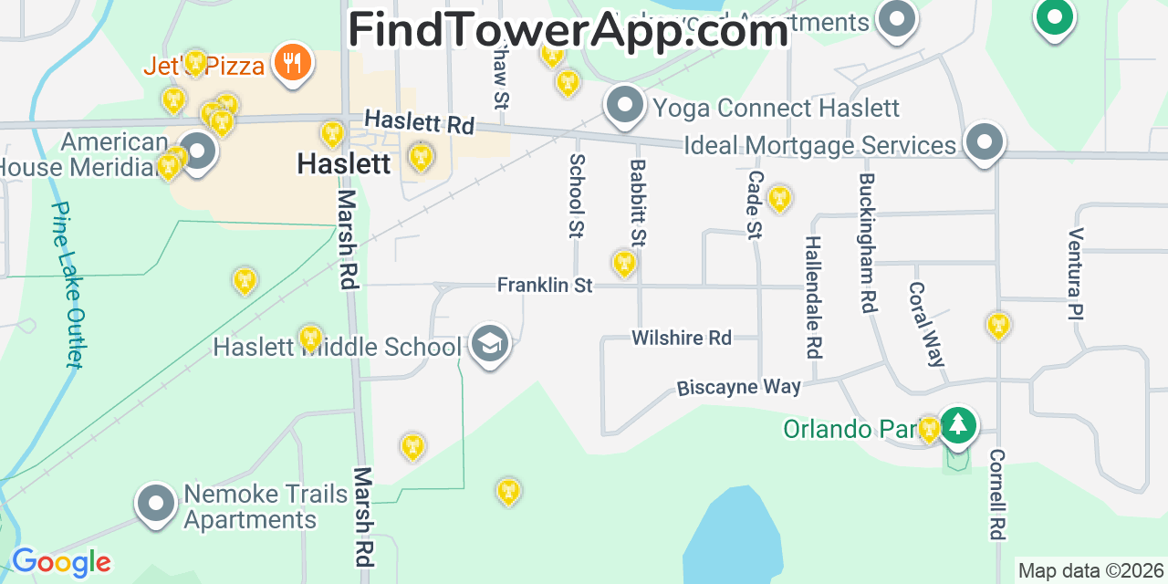 Map showing the 20 primary cell tower locations detected in Haslett, Michigan from AT&T, Verizon, and T-Mobile networks