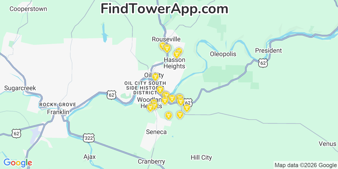 Map showing the 20 primary cell tower locations detected in Hasson Heights, Pennsylvania from AT&T, Verizon, and T-Mobile networks