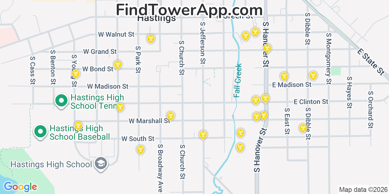 Map showing the 20 primary cell tower locations detected in Hastings, Michigan from AT&T, Verizon, and T-Mobile networks