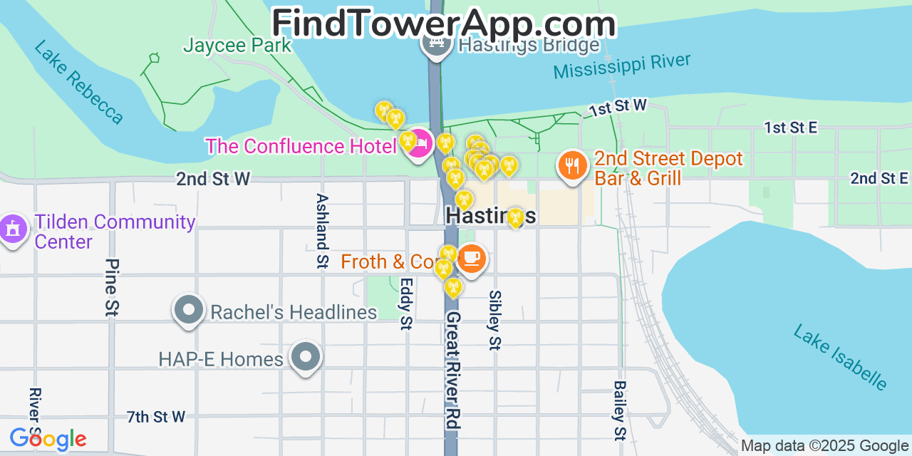 Map showing the 20 primary cell tower locations detected in Hastings, Minnesota from AT&T, Verizon, and T-Mobile networks