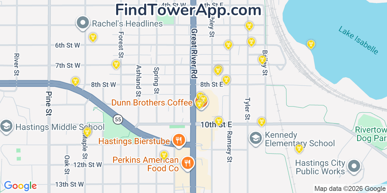 Map showing the 20 primary cell tower locations detected in Hastings, Minnesota from AT&T, Verizon, and T-Mobile networks