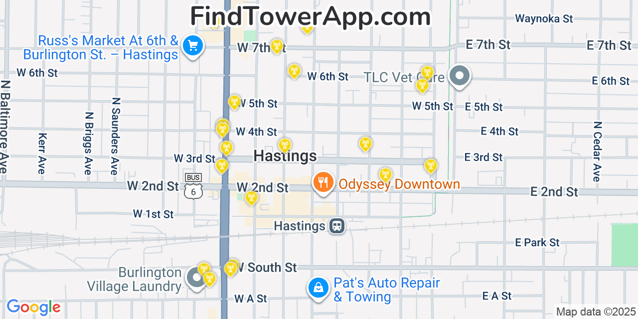 Map showing the 20 primary cell tower locations detected in Hastings, Nebraska from AT&T, Verizon, and T-Mobile networks