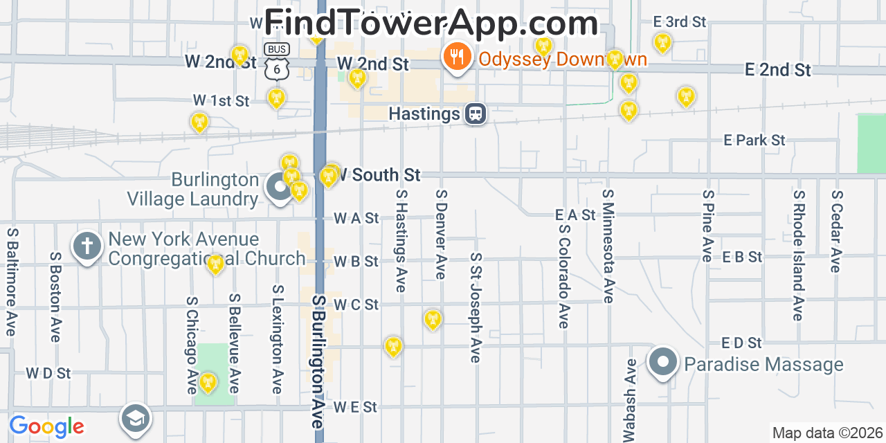 Map showing the 20 primary cell tower locations detected in Hastings, Nebraska from AT&T, Verizon, and T-Mobile networks