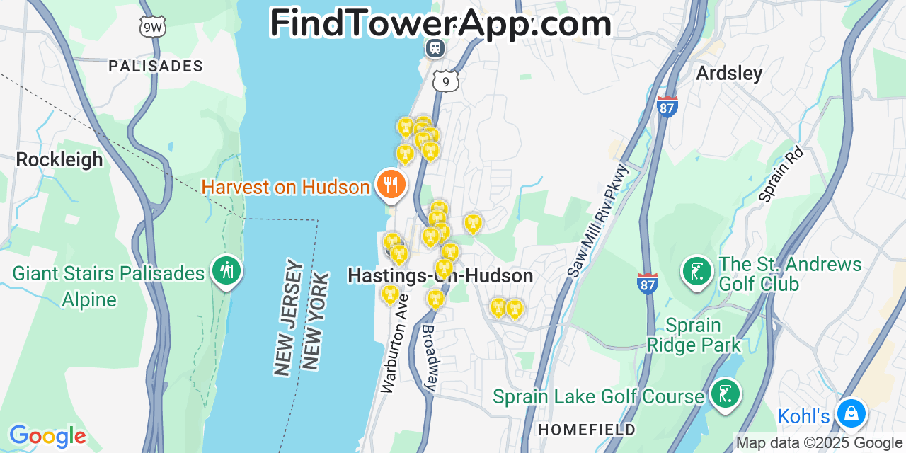 Map showing the 20 primary AT&T cell tower locations detected in Hastings On Hudson, New York with coverage radius and signal strength indicators