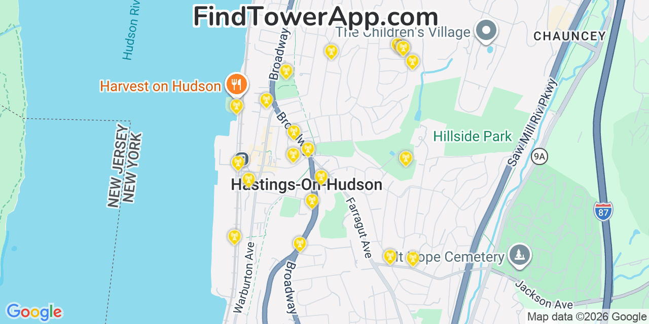 Map showing the 20 primary cell tower locations detected in Hastings On Hudson, New York from AT&T, Verizon, and T-Mobile networks