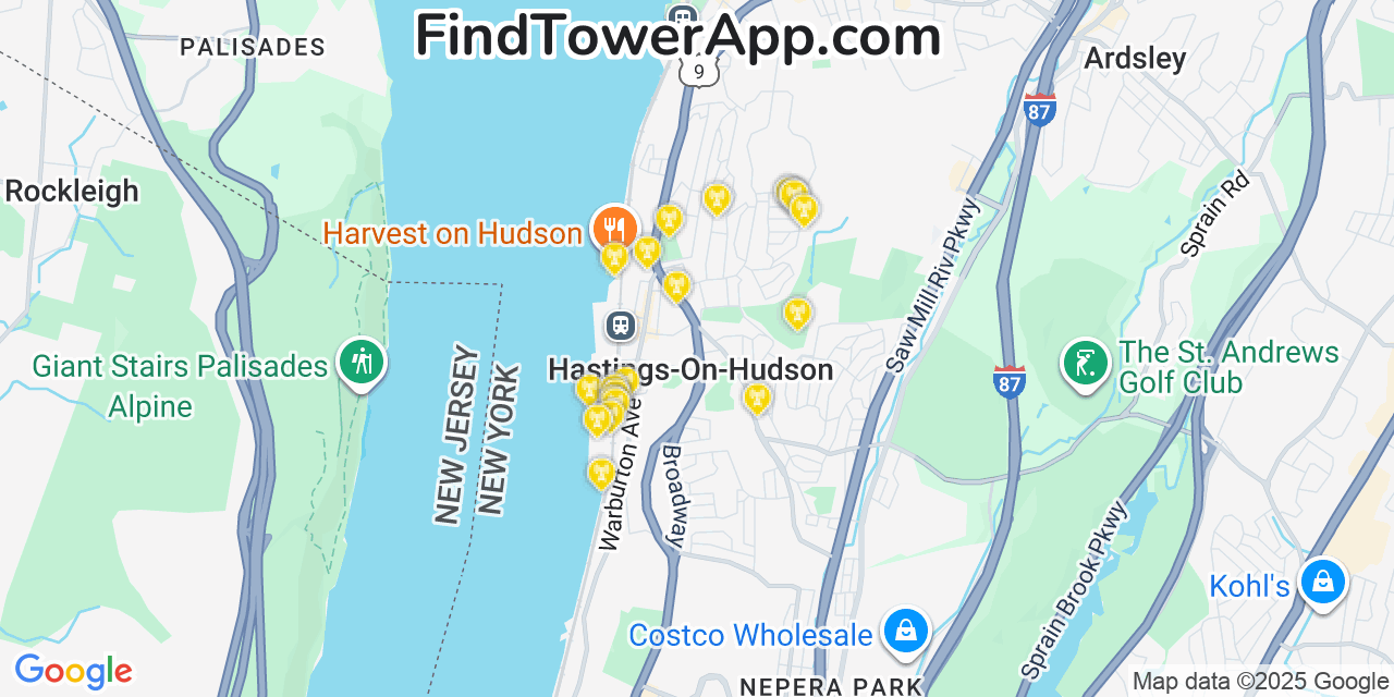 Map showing the 20 primary T-Mobile cell tower locations detected in Hastings On Hudson, New York with coverage radius and signal strength indicators