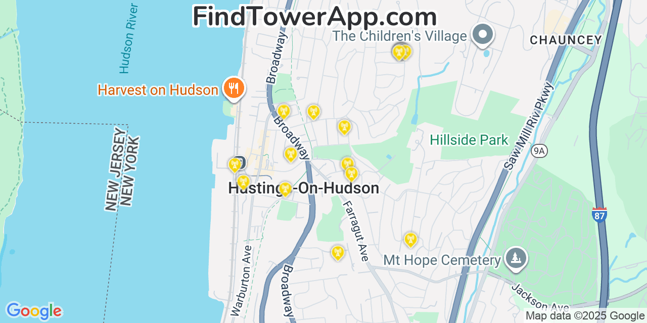 Map showing the 20 primary Verizon cell tower locations detected in Hastings On Hudson, New York with coverage radius and signal strength indicators