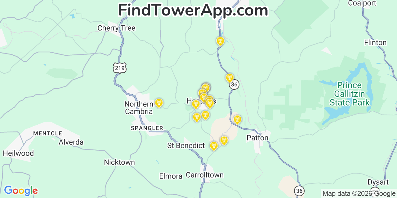 Map showing the 20 primary cell tower locations detected in Hastings, Pennsylvania from AT&T, Verizon, and T-Mobile networks