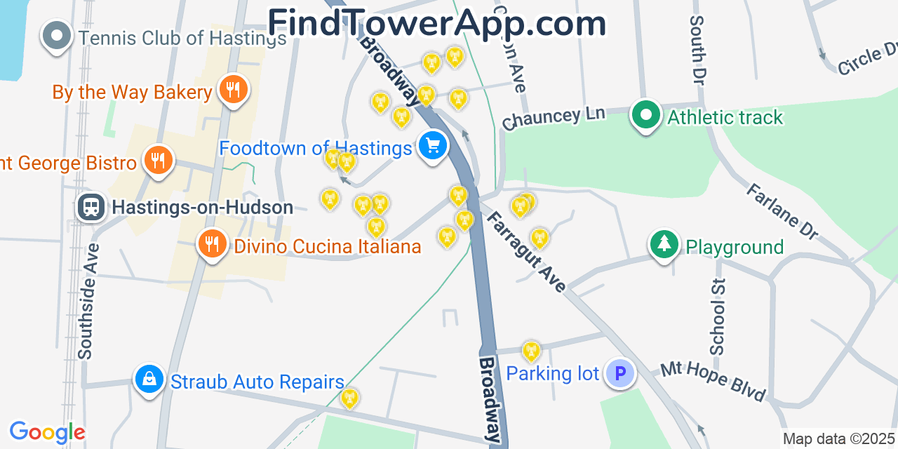 Map showing the 20 primary cell tower locations detected in Hastings-on-Hudson, New York from AT&T, Verizon, and T-Mobile networks