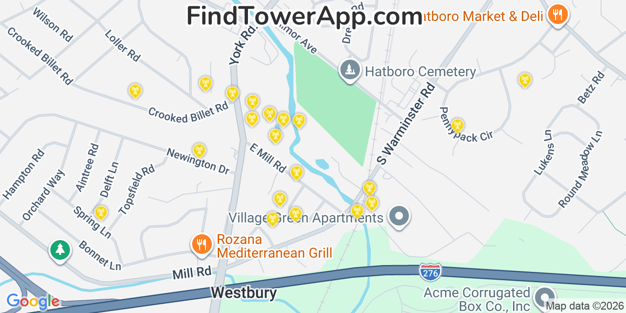 Map showing the 20 primary cell tower locations detected in Hatboro, Pennsylvania from AT&T, Verizon, and T-Mobile networks
