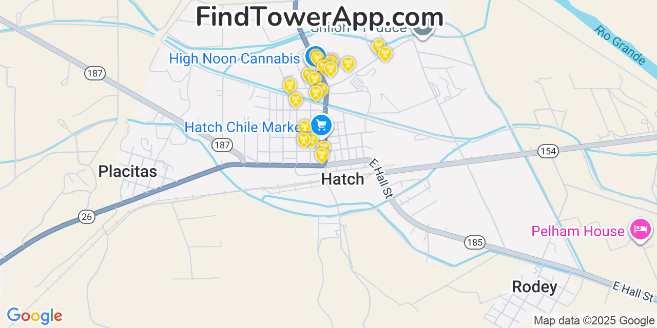 Map showing the 20 primary cell tower locations detected in Hatch, New Mexico from AT&T, Verizon, and T-Mobile networks