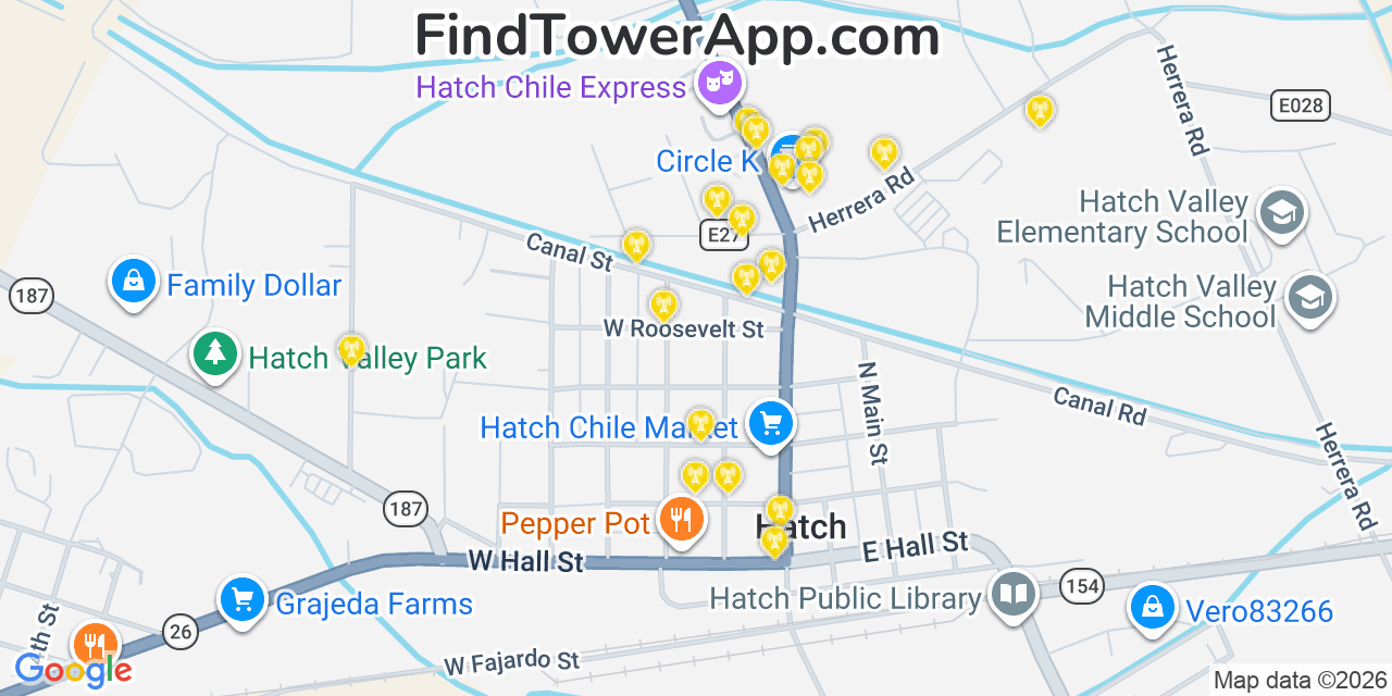 Map showing the 20 primary cell tower locations detected in Hatch, New Mexico from AT&T, Verizon, and T-Mobile networks