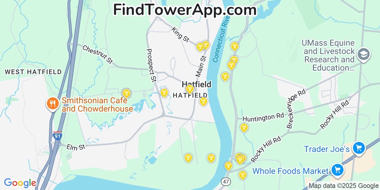 Map showing the 20 primary cell tower locations detected in Hatfield, Massachusetts from AT&T, Verizon, and T-Mobile networks