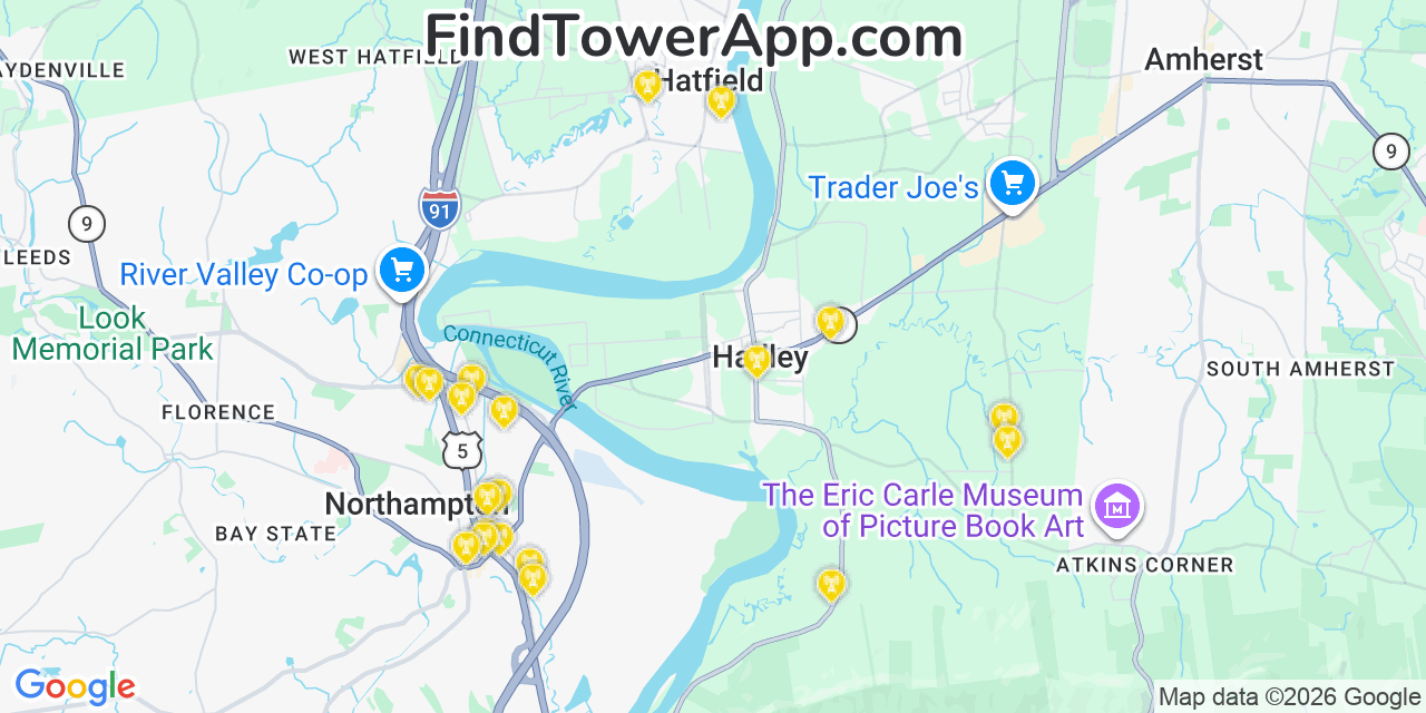 Map showing the 20 primary cell tower locations detected in Hatfield, Massachusetts from AT&T, Verizon, and T-Mobile networks