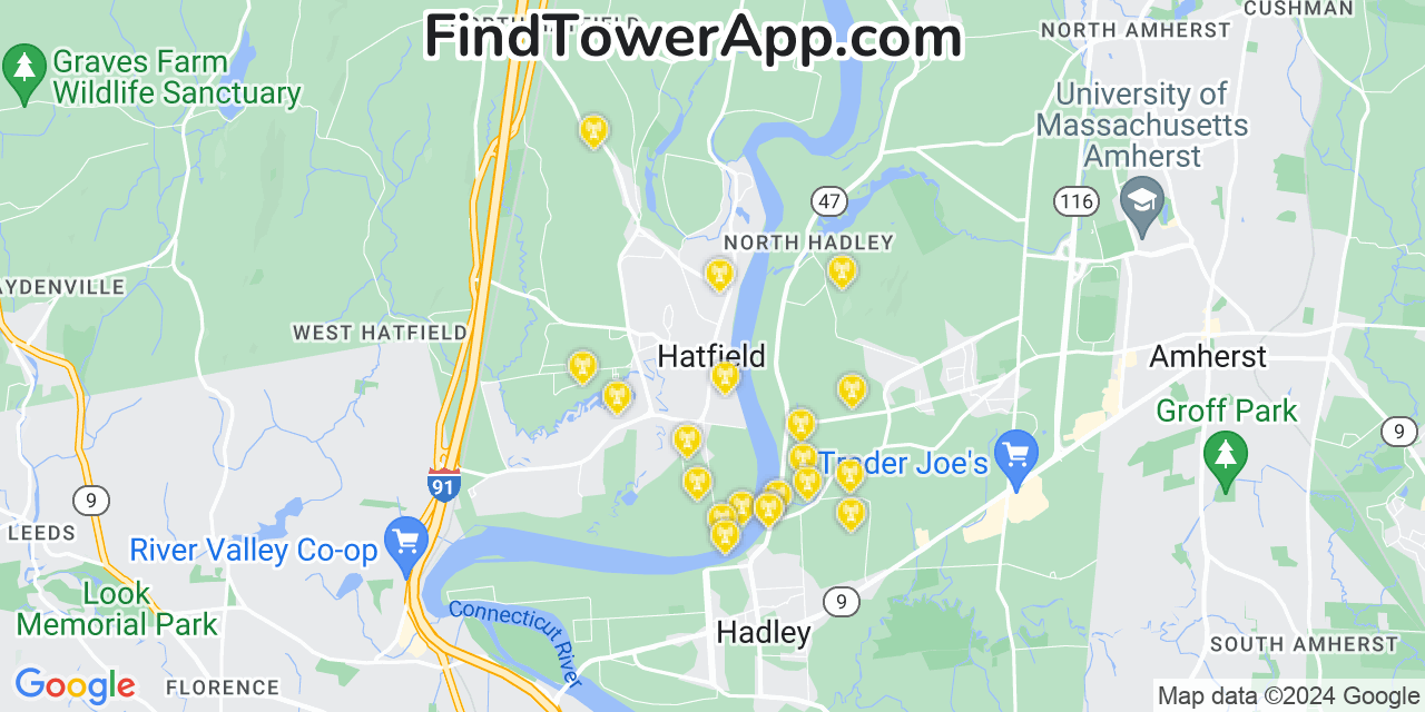 Verizon 4G/5G cell tower coverage map Hatfield, Massachusetts